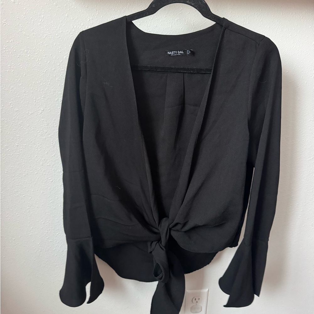 Nasty Gal Black Bell Sleeve Tie Blouse